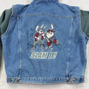 Vtg Warner Bros Looney Tunes Hooded Denim Jacket Large Green Sweatshirt Combo